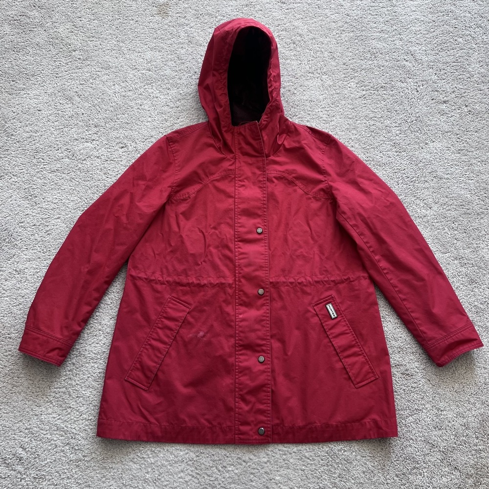 Hunter Cotton Canvas Parka Coat Womens L Red Hooded Full Zip Pockets Outdoor